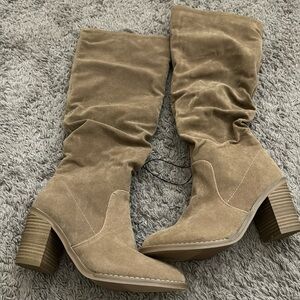 Tall heeled boots. Tan suede